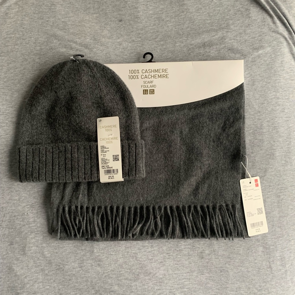 Uniqlo Dark Gray Cashmere Beanie and Scarf Set